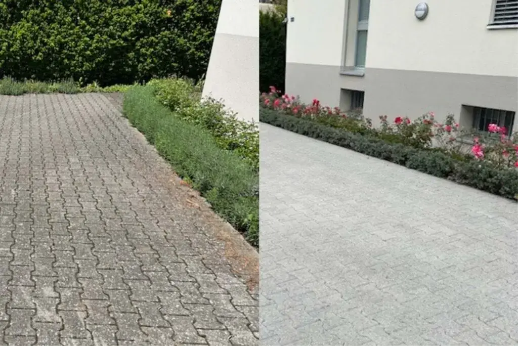Steinplatten reinigen – Vergleich vor und nach der Reinigung